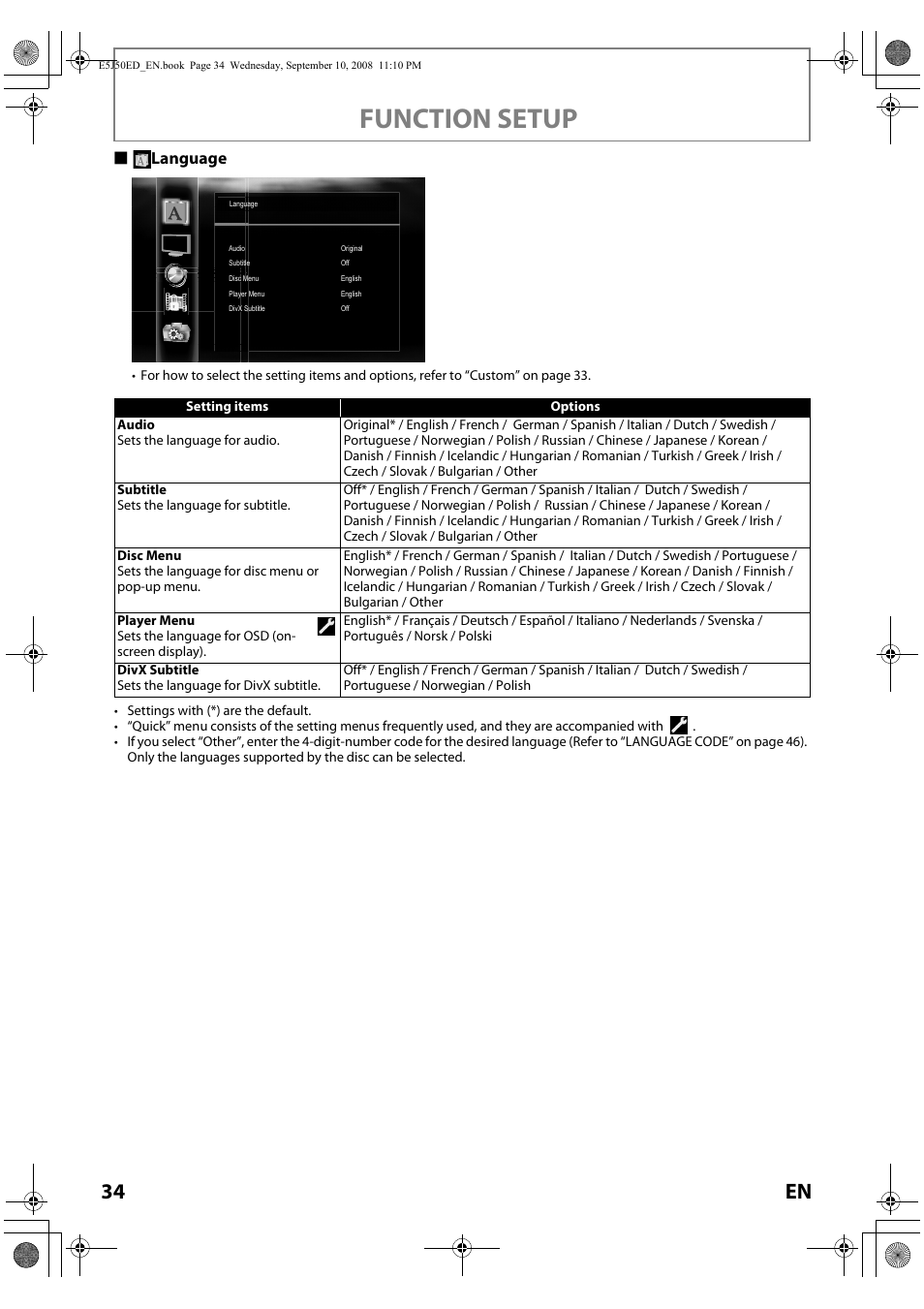 Function setup, Slanguage | Onkyo DV-BD606 User Manual | Page 34 / 48