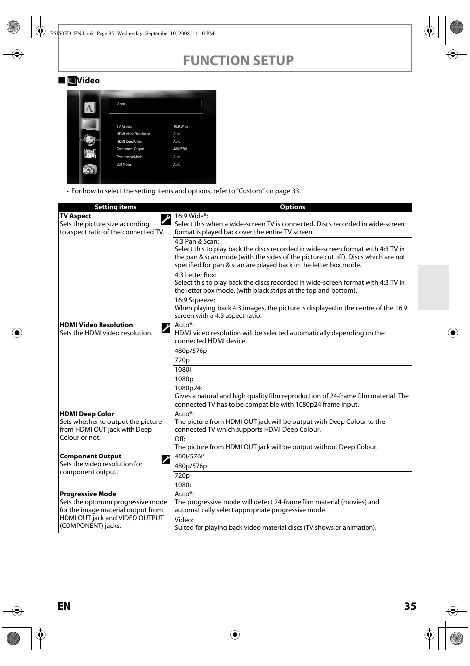 Hdmi video resolution” or, Component output” s, 35 to | Of “hdmi video resolution, Component output, Hdmi video resolution” and “component output, Function setup, Svideo | Onkyo DV-BD606 User Manual | Page 35 / 48