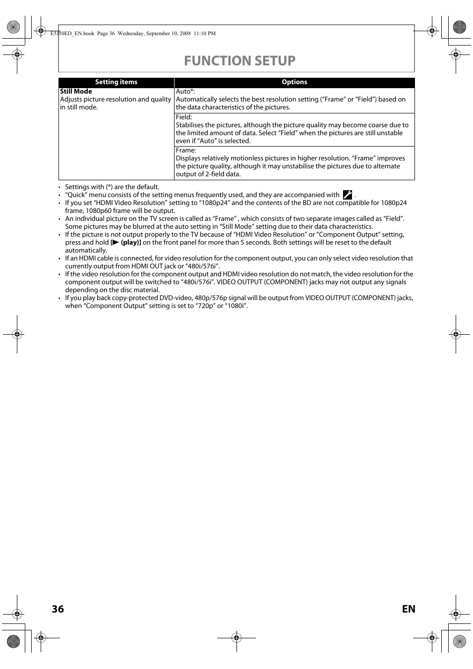 Function setup | Onkyo DV-BD606 User Manual | Page 36 / 48