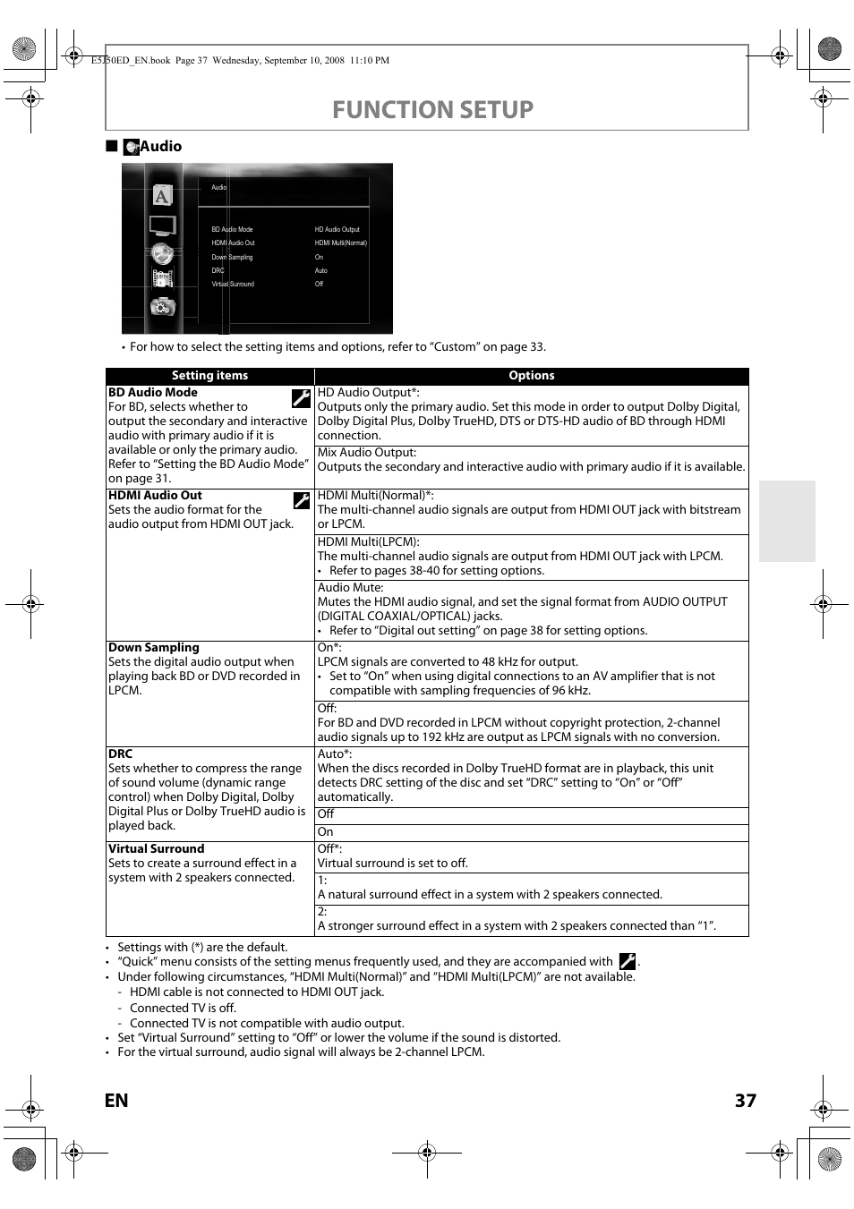 Function setup, Saudio | Onkyo DV-BD606 User Manual | Page 37 / 48