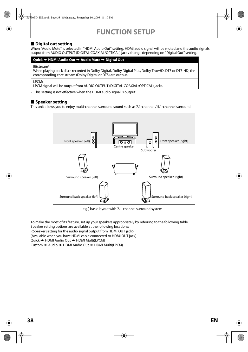 Efer to “digital out setting, Ge 38 for setting options, Function setup | Onkyo DV-BD606 User Manual | Page 38 / 48