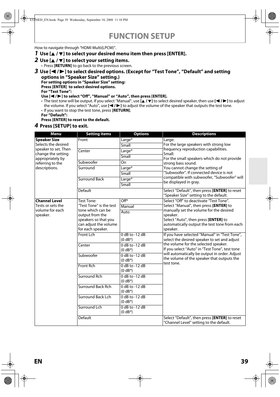 Function setup | Onkyo DV-BD606 User Manual | Page 39 / 48