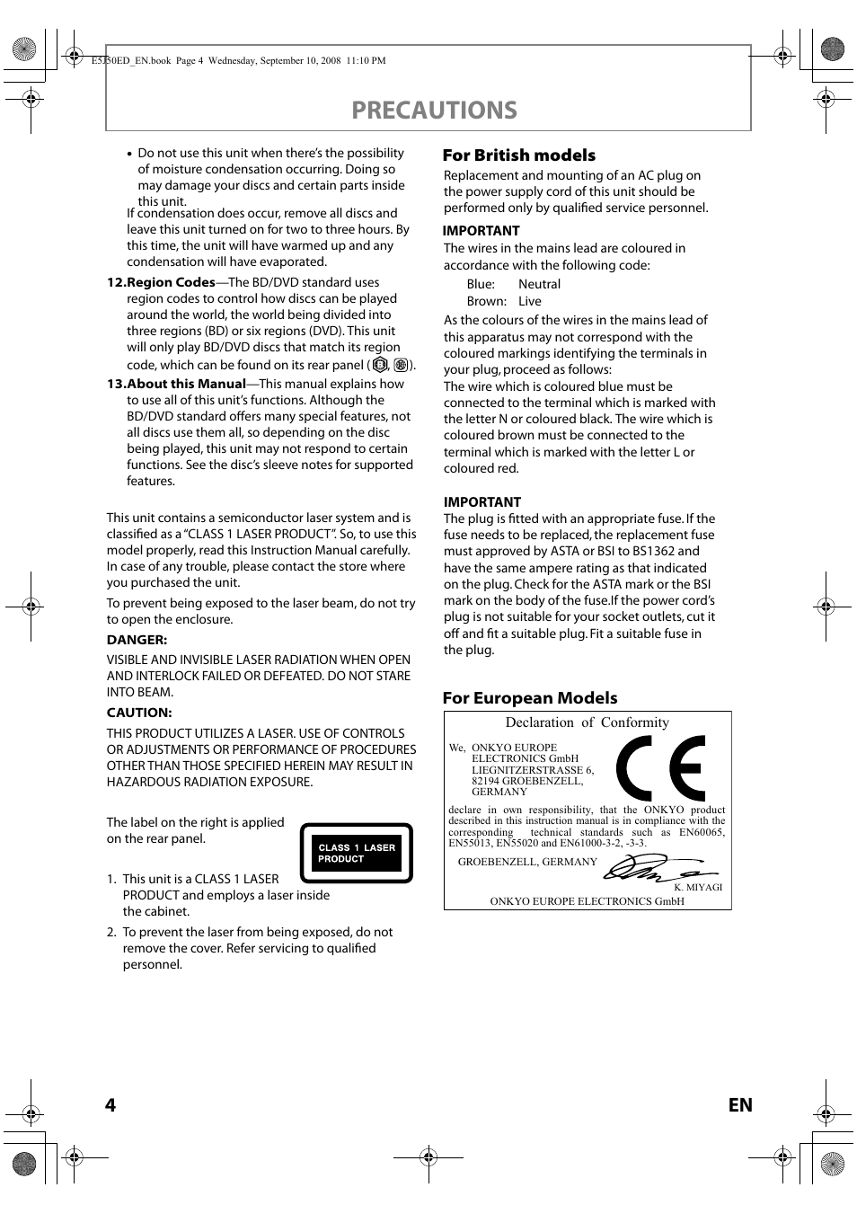 Precautions, For british models, For european models | Onkyo DV-BD606 User Manual | Page 4 / 48