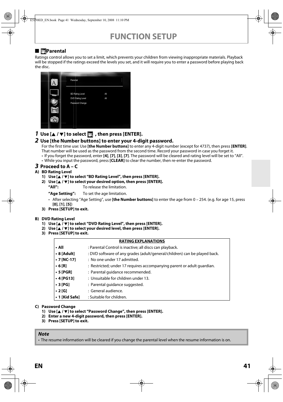 Function setup | Onkyo DV-BD606 User Manual | Page 41 / 48