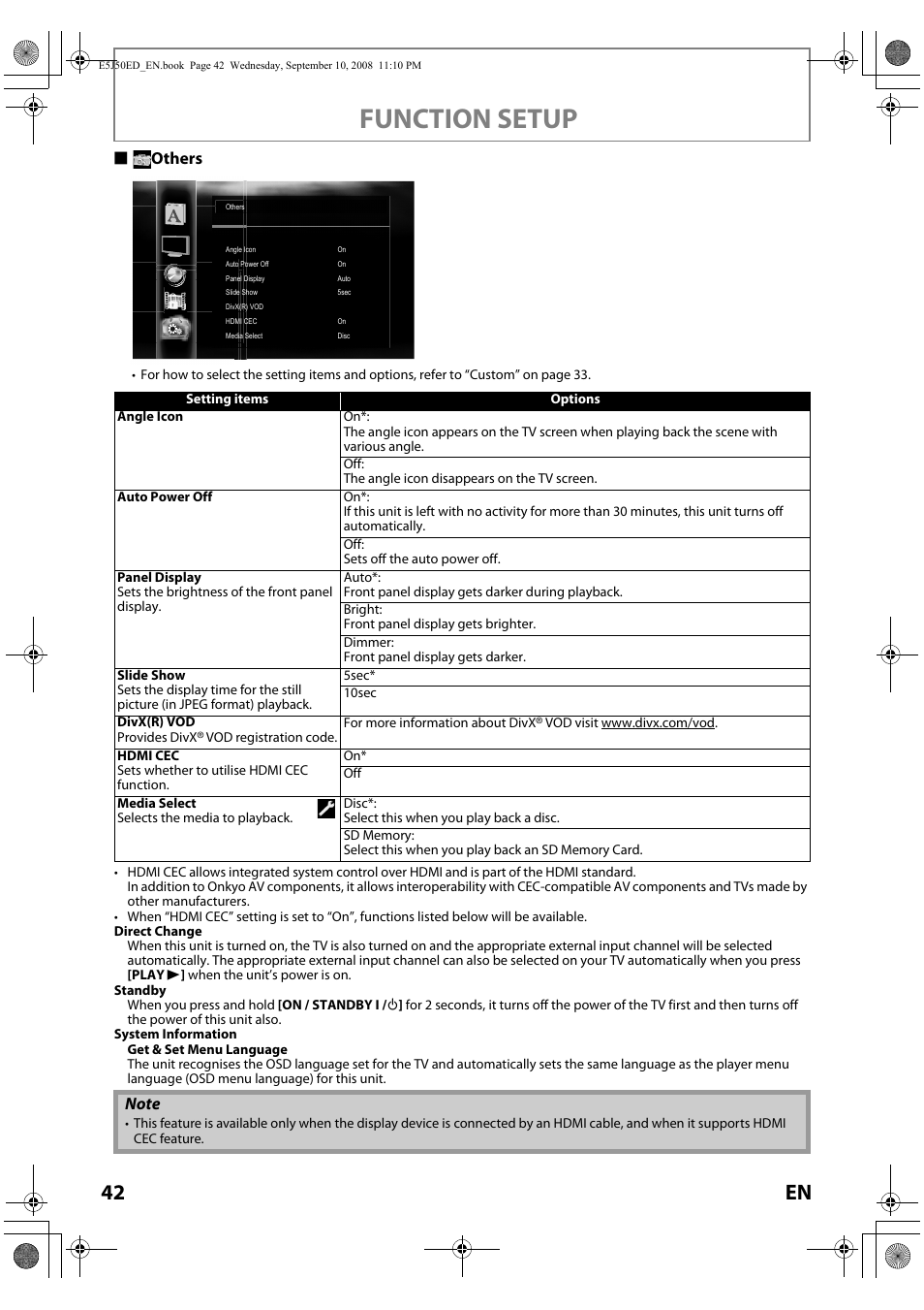 Function setup, Sothers | Onkyo DV-BD606 User Manual | Page 42 / 48