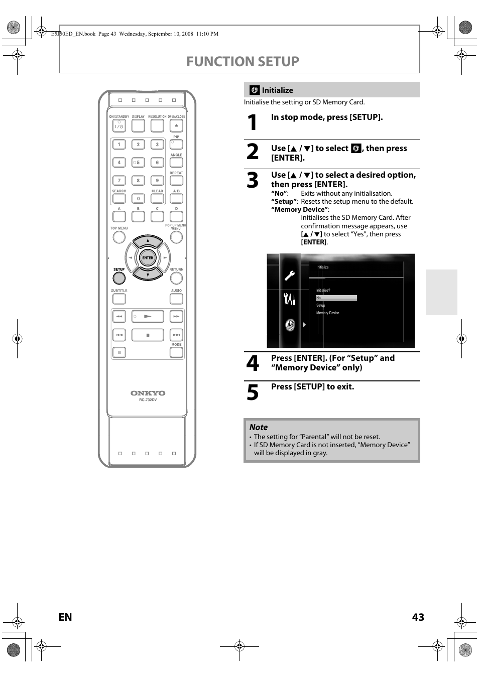 Function setup | Onkyo DV-BD606 User Manual | Page 43 / 48