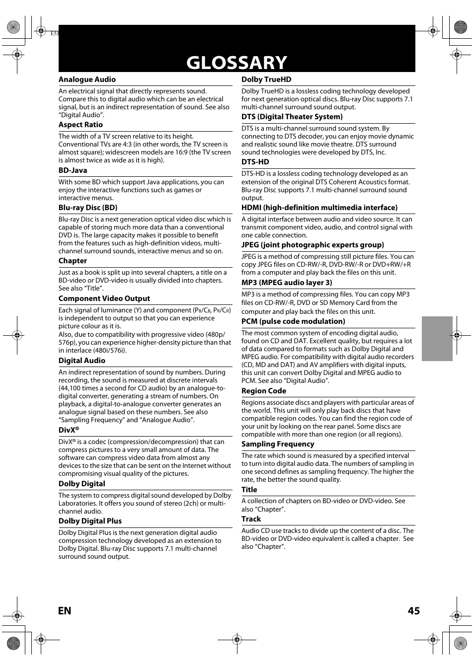 Glossary, 45 en | Onkyo DV-BD606 User Manual | Page 45 / 48