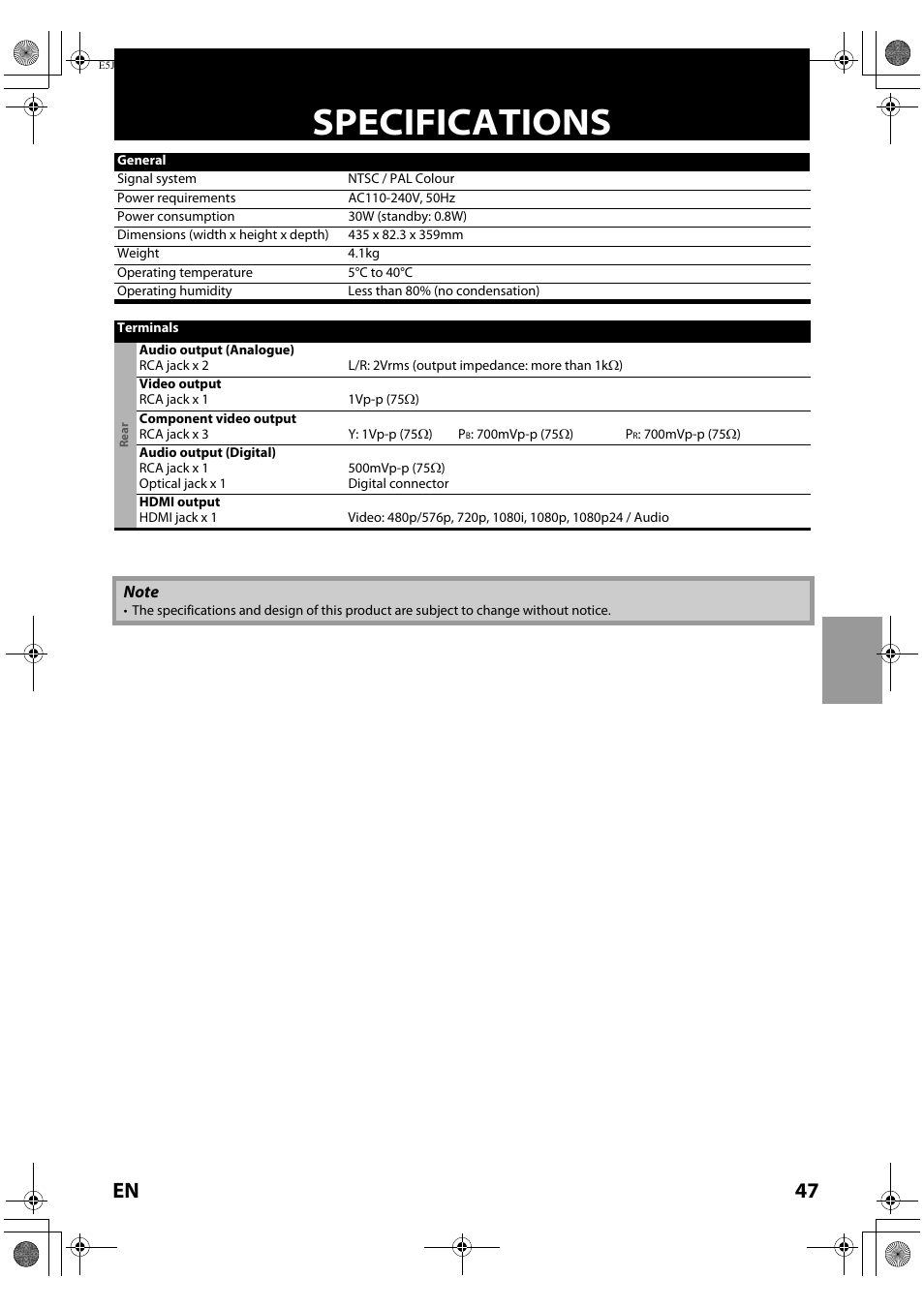 Specifications, 47 en | Onkyo DV-BD606 User Manual | Page 47 / 48