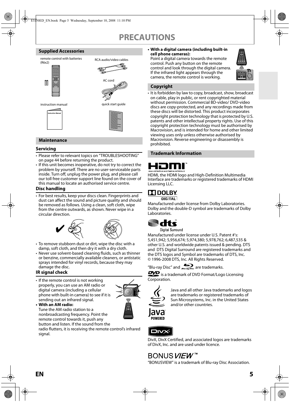 Precautions | Onkyo DV-BD606 User Manual | Page 5 / 48