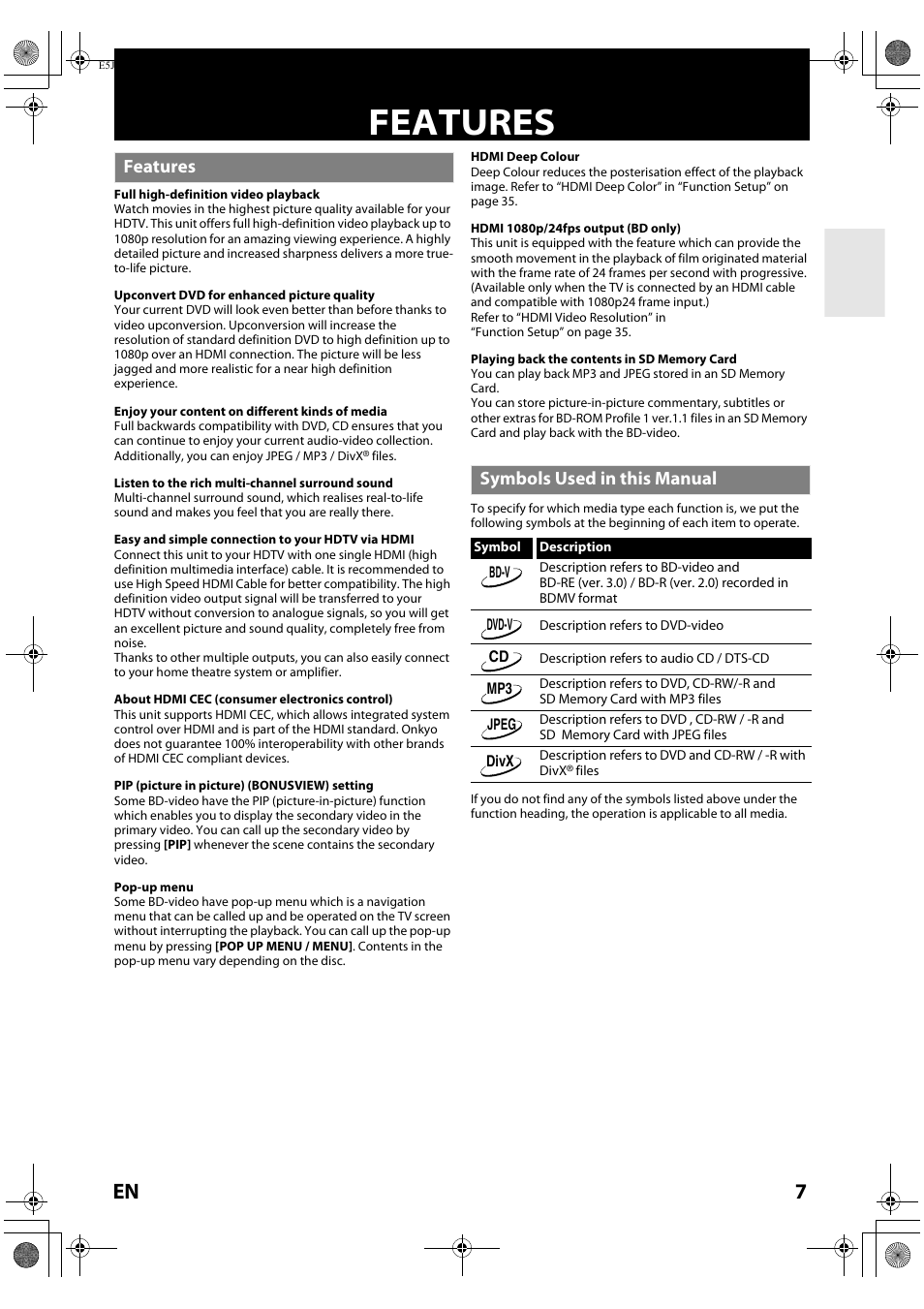 Features, Features symbols used in this manual | Onkyo DV-BD606 User Manual | Page 7 / 48