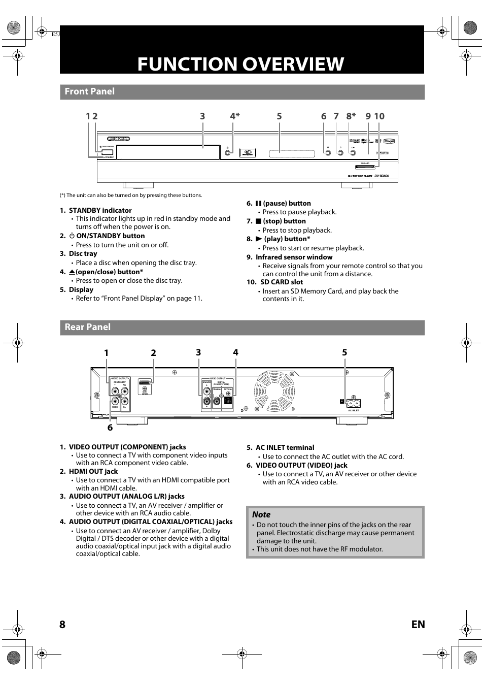 Function overview, Front panel rear panel, Front panel | Onkyo DV-BD606 User Manual | Page 8 / 48