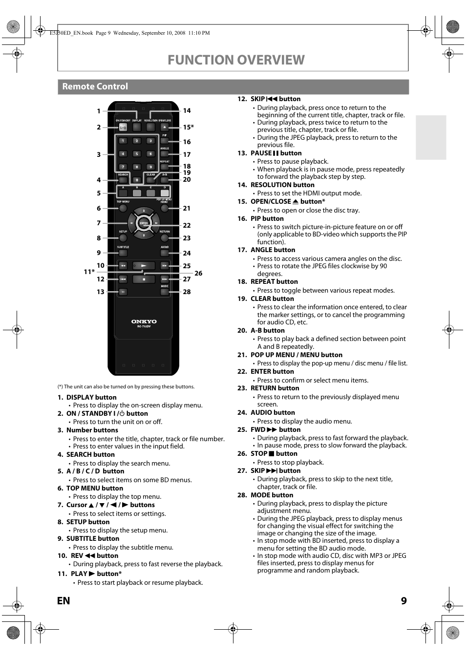 Remote control, Function overview | Onkyo DV-BD606 User Manual | Page 9 / 48