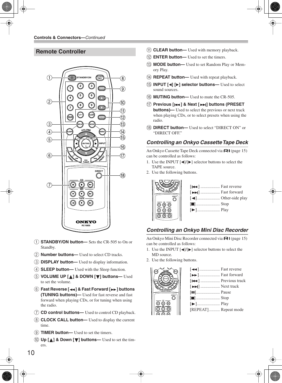 Remote controller, Controlling an onkyo cassette tape deck, Controlling an onkyo mini disc recorder | Onkyo CR-505 User Manual | Page 10 / 36