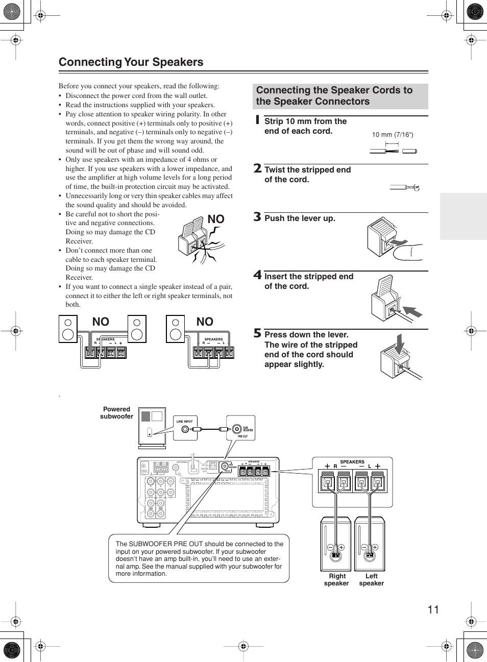 11 connecting your speakers, Strip 10 mm from the end of each cord, Twist the stripped end of the cord | Push the lever up, Insert the stripped end of the cord | Onkyo CR-505 User Manual | Page 11 / 36
