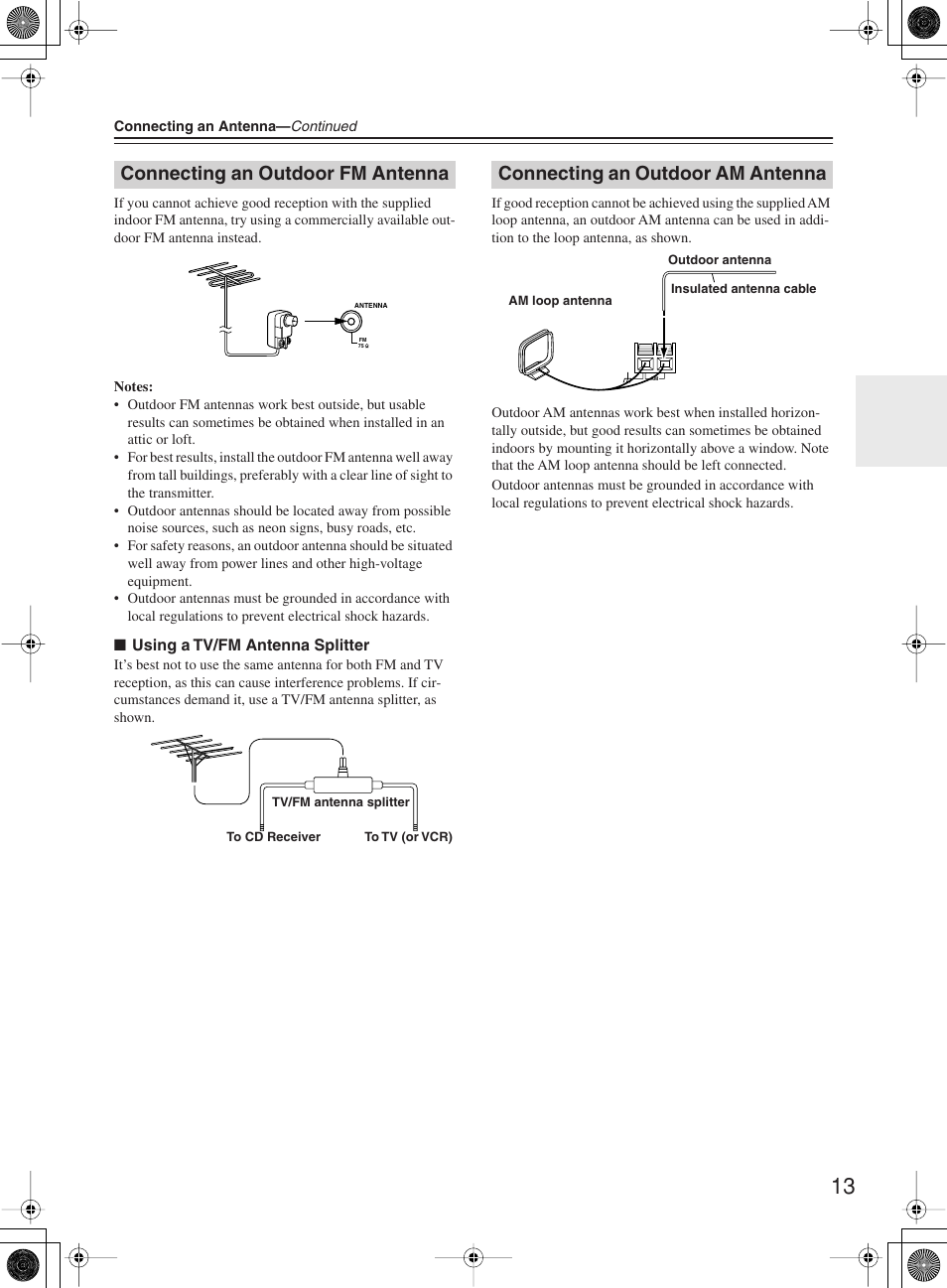 Connecting an outdoor fm antenna, Connecting an outdoor am antenna | Onkyo CR-505 User Manual | Page 13 / 36