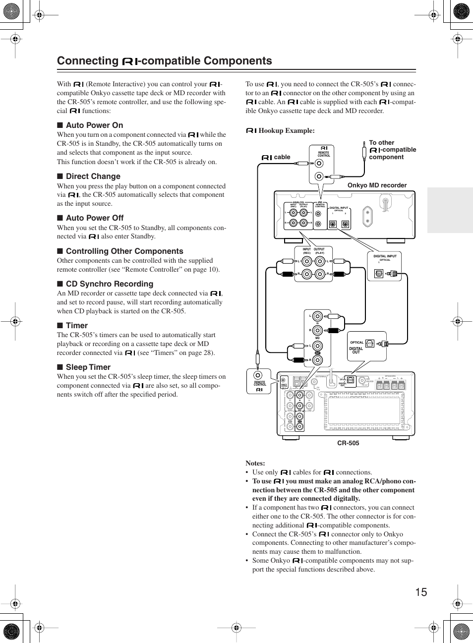 15 connecting -compatible components, Auto power on, Direct change | Auto power off, Controlling other components, Cd synchro recording, Timer, Sleep timer | Onkyo CR-505 User Manual | Page 15 / 36