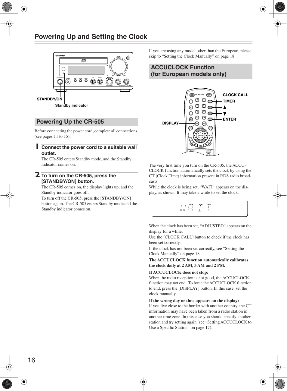 16 powering up and setting the clock, Powering up the cr-505, Accuclock function (for european models only) | Connect the power cord to a suitable wall outlet | Onkyo CR-505 User Manual | Page 16 / 36