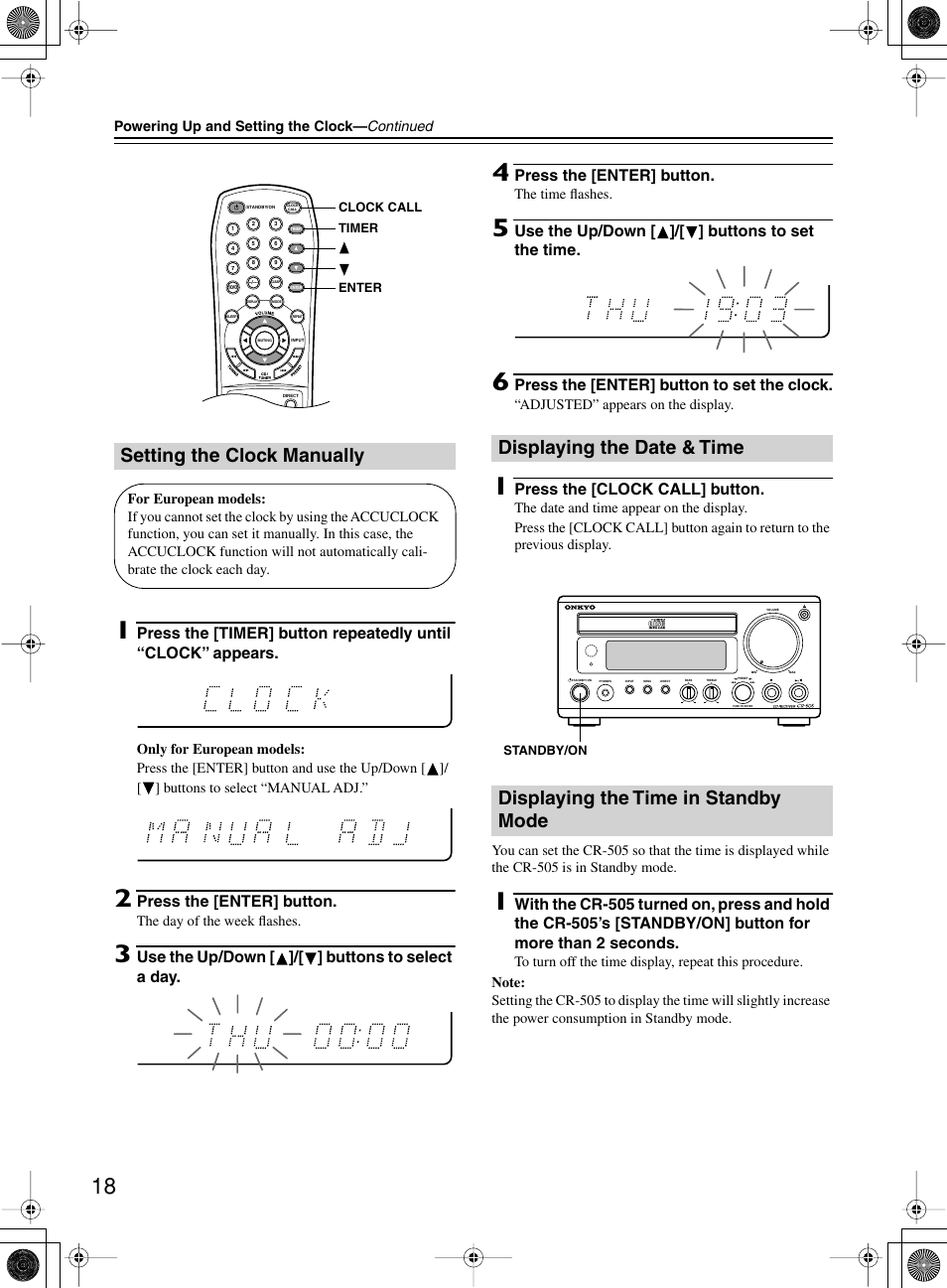 Setting the clock manually | Onkyo CR-505 User Manual | Page 18 / 36