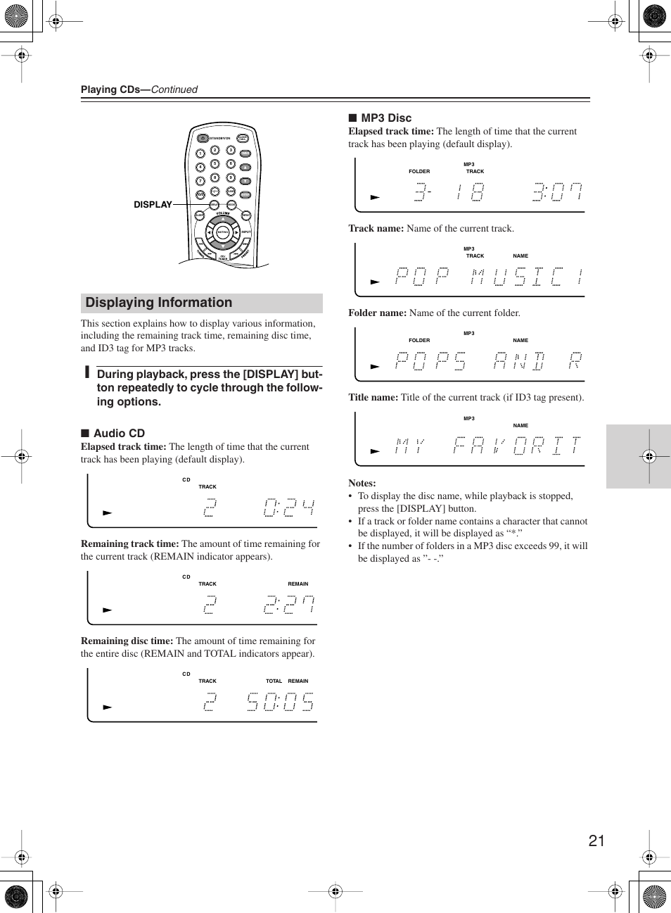 Displaying information, Mp3 disc | Onkyo CR-505 User Manual | Page 21 / 36