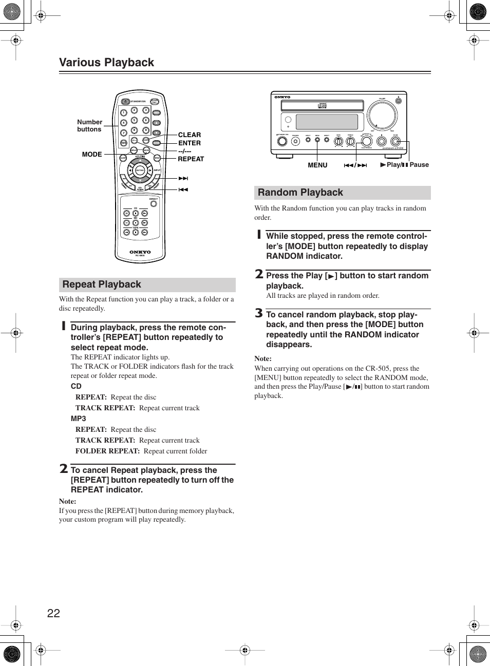 22 various playback, Repeat playback, Random playback | Press the play [ ] button to start random playback | Onkyo CR-505 User Manual | Page 22 / 36