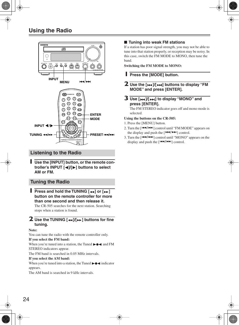 24 using the radio, Listening to the radio tuning the radio | Onkyo CR-505 User Manual | Page 24 / 36