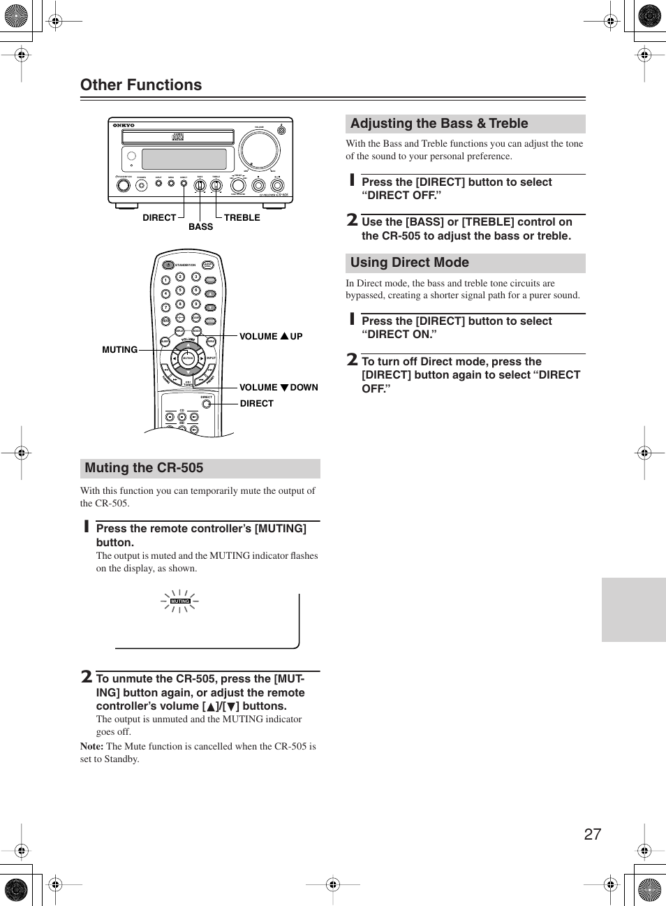 27 other functions, Muting the cr-505, Adjusting the bass & treble using direct mode | Press the remote controller’s [muting] button, Press the [direct] button to select “direct off, Press the [direct] button to select “direct on | Onkyo CR-505 User Manual | Page 27 / 36