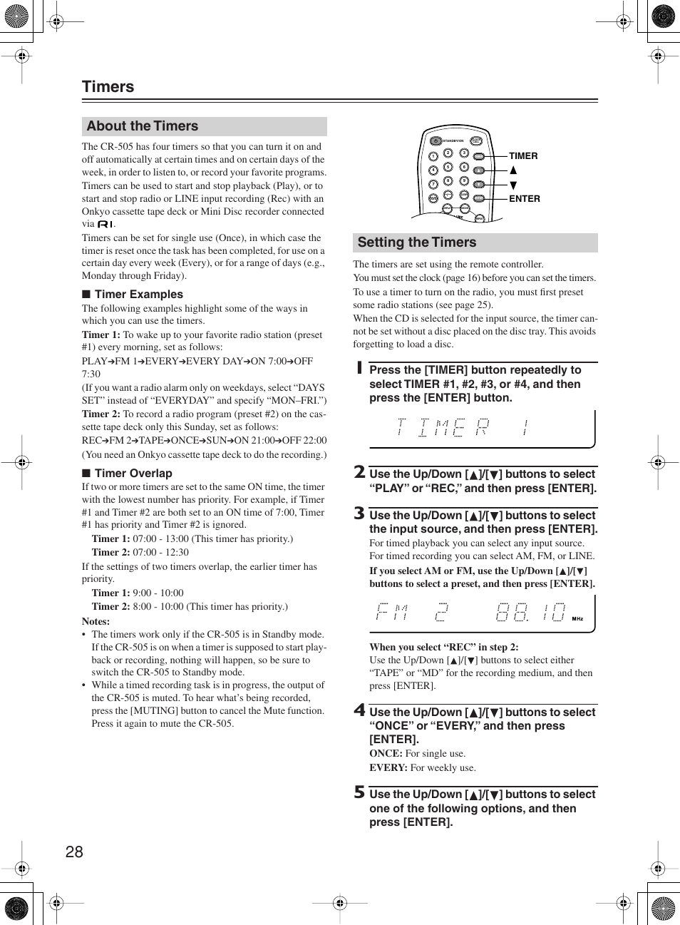 28 timers, About the timers setting the timers | Onkyo CR-505 User Manual | Page 28 / 36