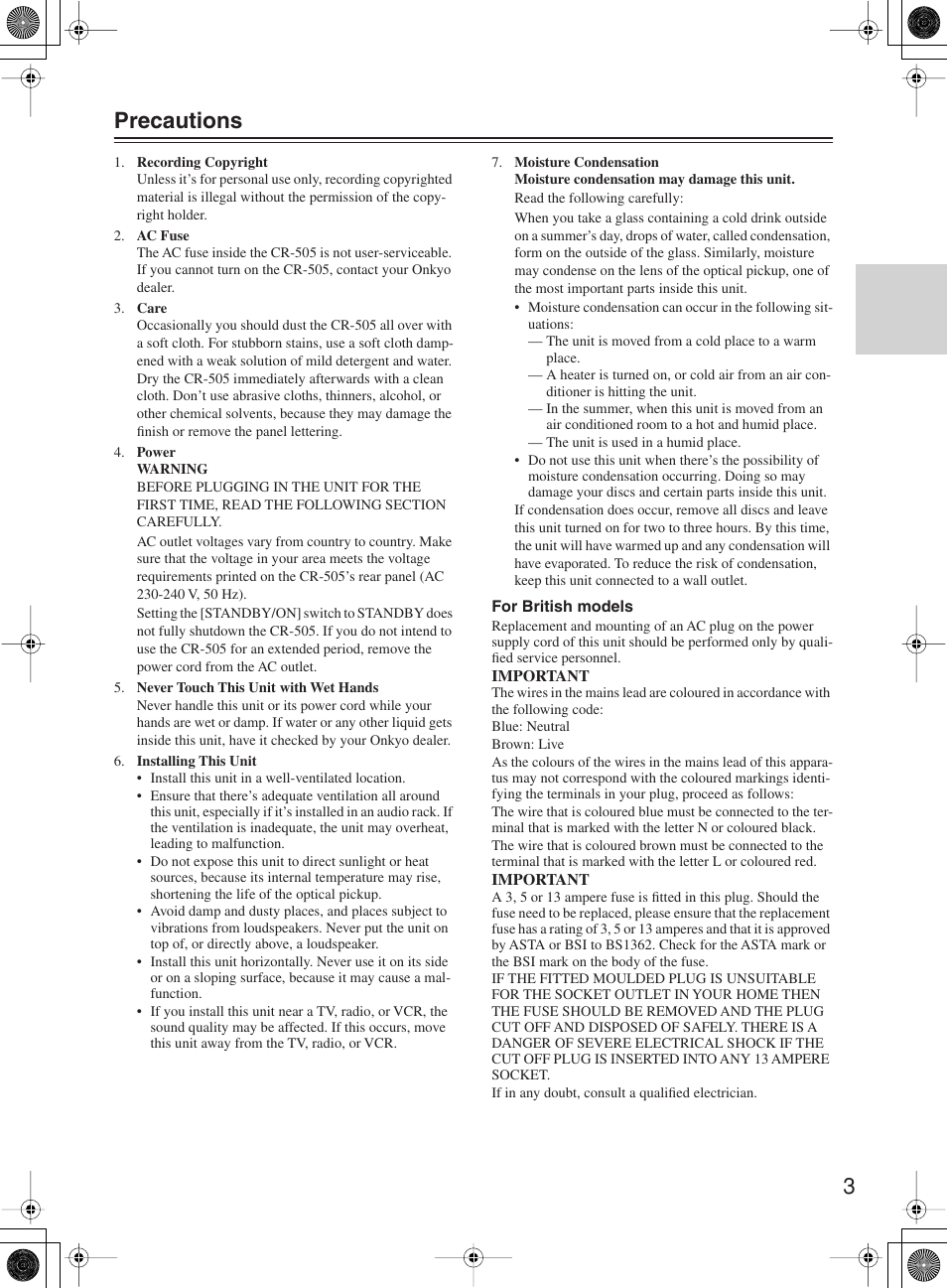 3precautions | Onkyo CR-505 User Manual | Page 3 / 36
