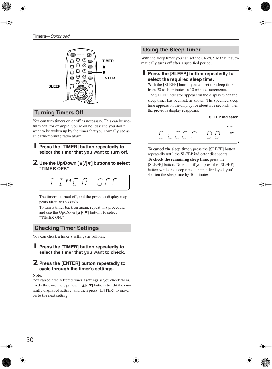 Turning timers off checking timer settings, Using the sleep timer | Onkyo CR-505 User Manual | Page 30 / 36