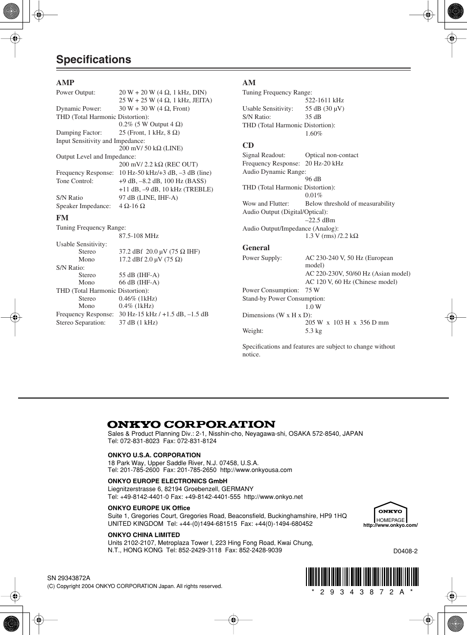 Specifications | Onkyo CR-505 User Manual | Page 36 / 36