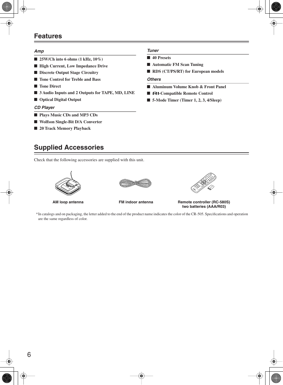 6 features, Supplied accessories | Onkyo CR-505 User Manual | Page 6 / 36