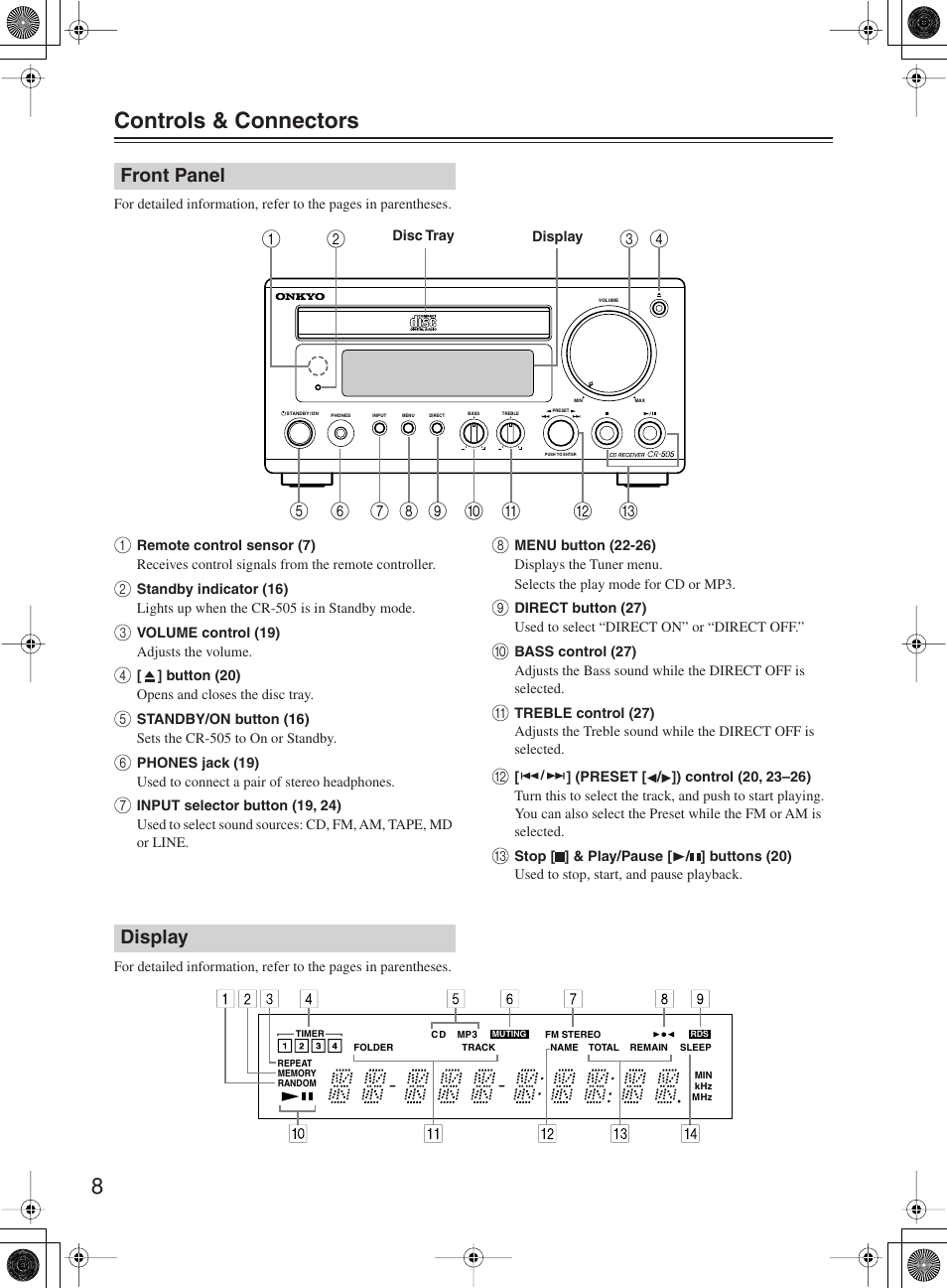 8 controls & connectors, Front panel, Display | Onkyo CR-505 User Manual | Page 8 / 36