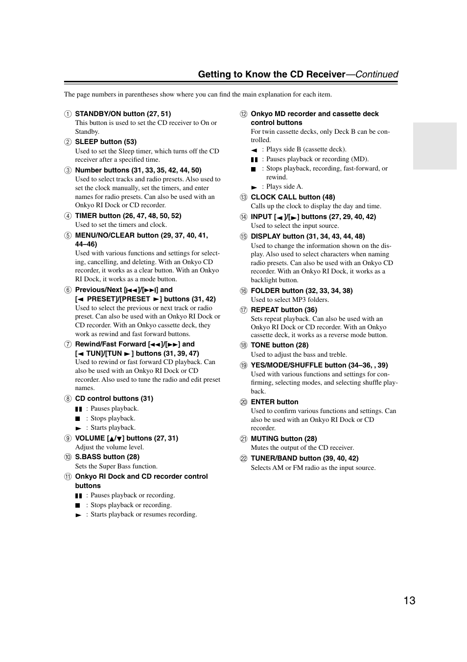 Getting to know the cd receiver —continued | Onkyo CR-515 CR-315 User Manual | Page 13 / 60