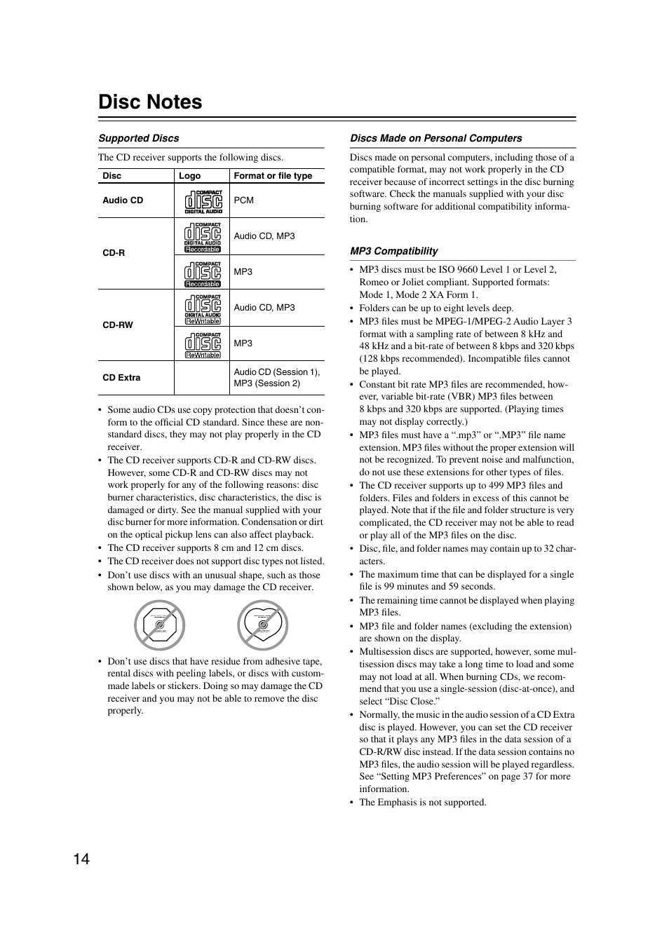 Disc notes | Onkyo CR-515 CR-315 User Manual | Page 14 / 60