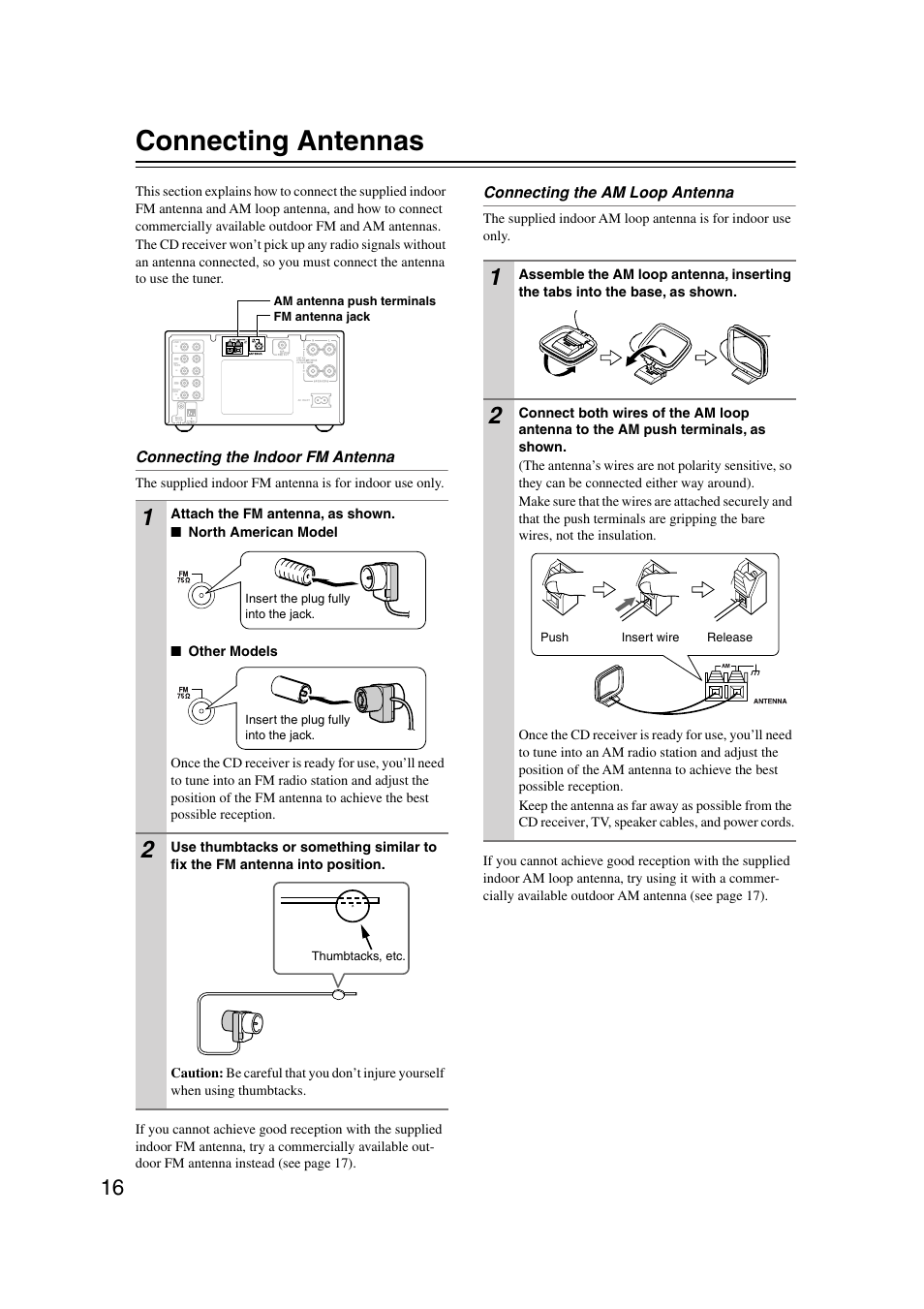 Connecting antennas, Am antenna (16, Fm antenna (16 | Onkyo CR-515 CR-315 User Manual | Page 16 / 60