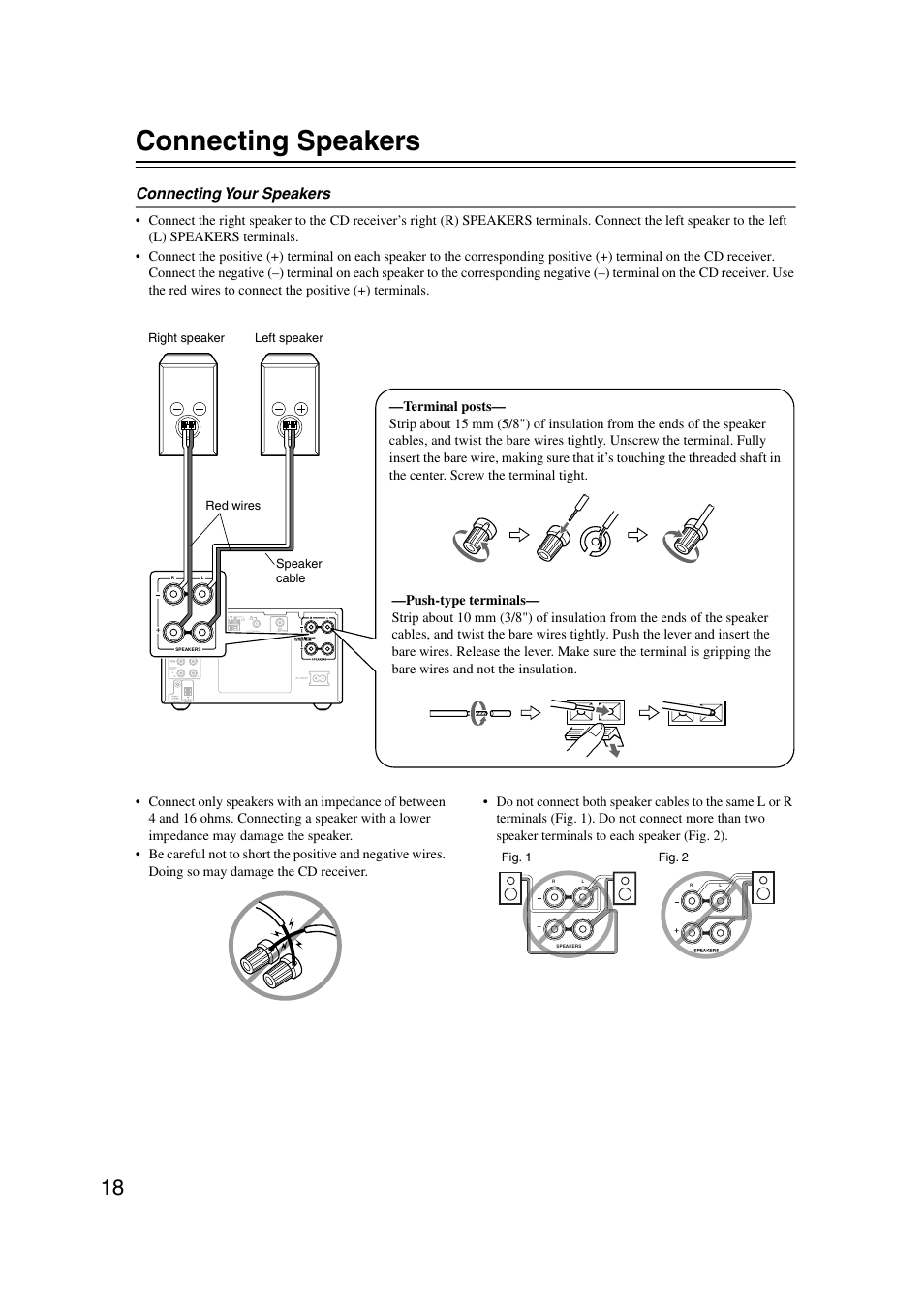 Connecting speakers, Speakers (18), Connecting your speakers | Onkyo CR-515 CR-315 User Manual | Page 18 / 60