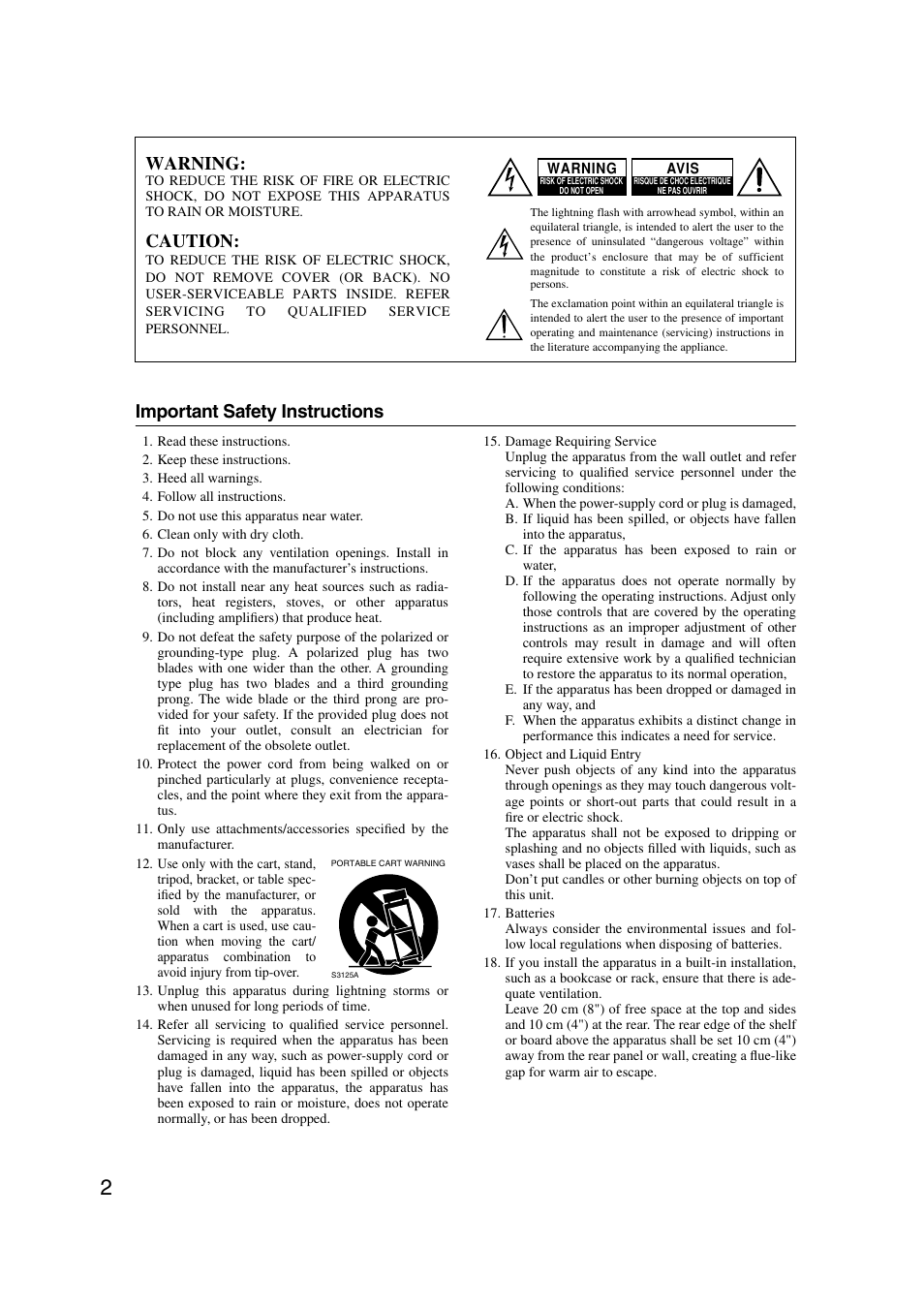 Important safety instructions, Warning, Caution | Onkyo CR-515 CR-315 User Manual | Page 2 / 60