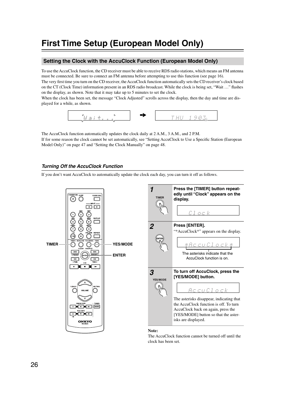 First time setup (european model only), Setting the clock with the accuclock function, European model only) | Utton (26 | Onkyo CR-515 CR-315 User Manual | Page 26 / 60