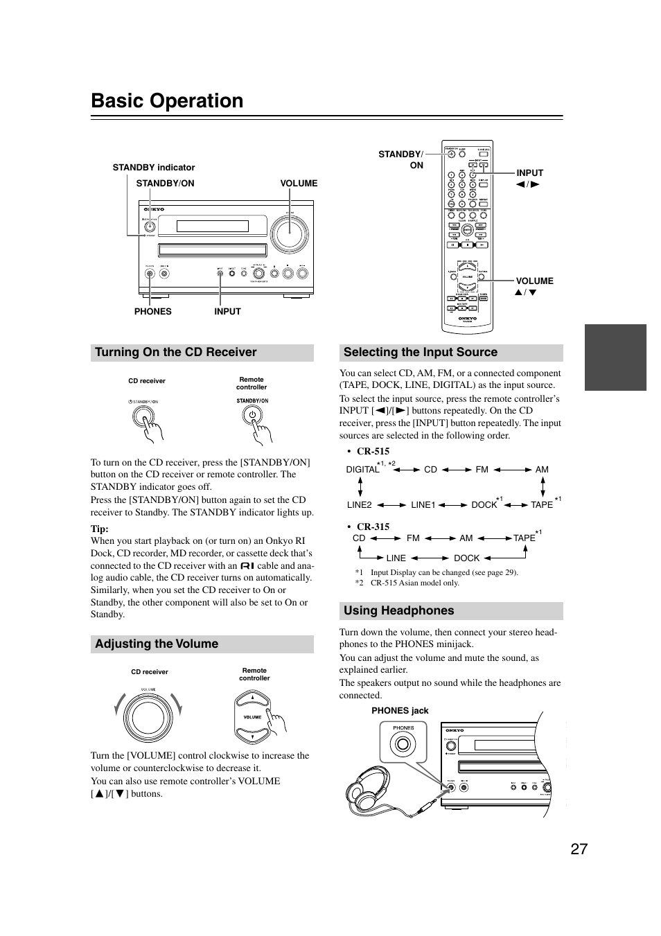 Basic operation, Turning on the cd receiver, Adjusting the volume | Selecting the input source, Using headphones, Utton (27, Ol (27), K (27), Uttons (27, Turning on the cd receiver adjusting the volume | Onkyo CR-515 CR-315 User Manual | Page 27 / 60