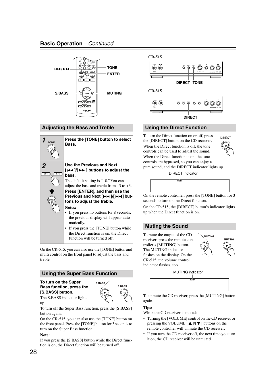 Adjusting the bass and treble, Using the super bass function, Using the direct function | Muting the sound, Utton (28), Utton (cr-515) (28), Basic operation —continued | Onkyo CR-515 CR-315 User Manual | Page 28 / 60