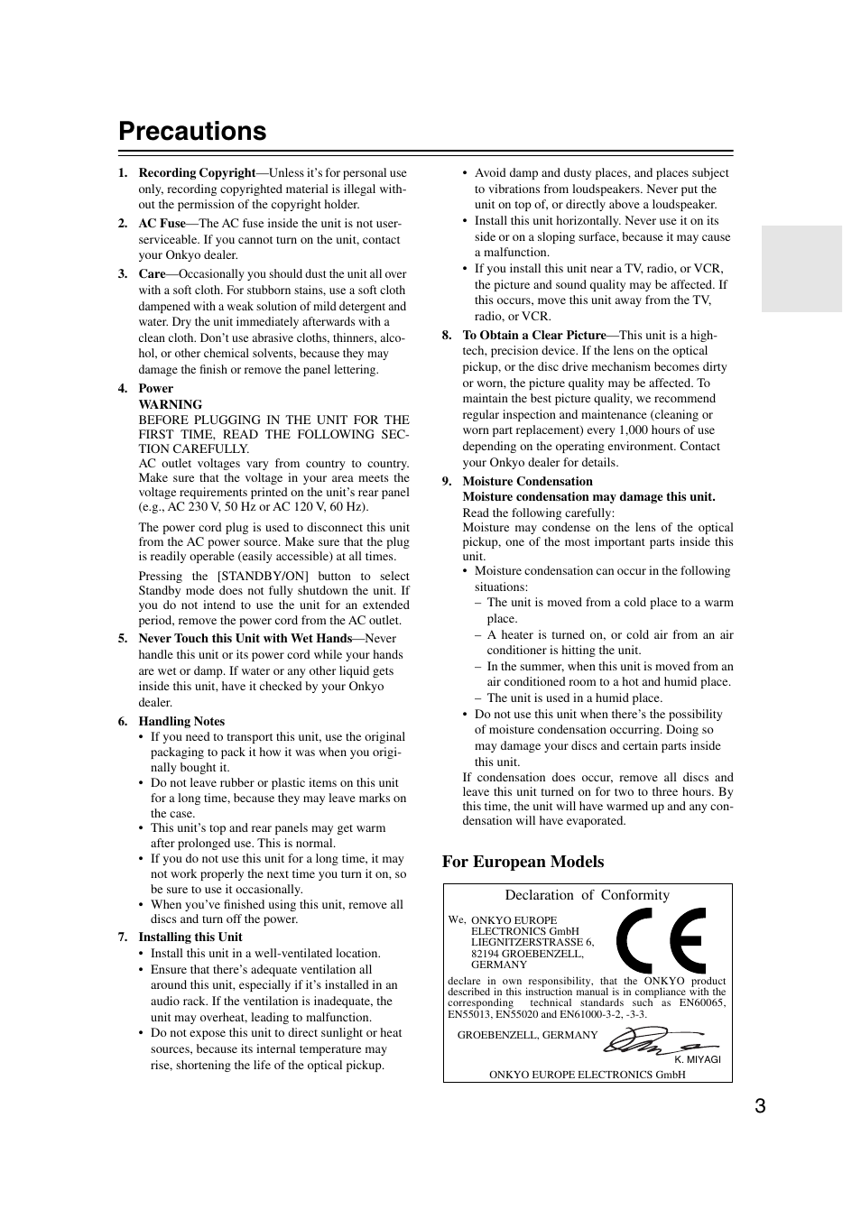 Precautions, For european models | Onkyo CR-515 CR-315 User Manual | Page 3 / 60