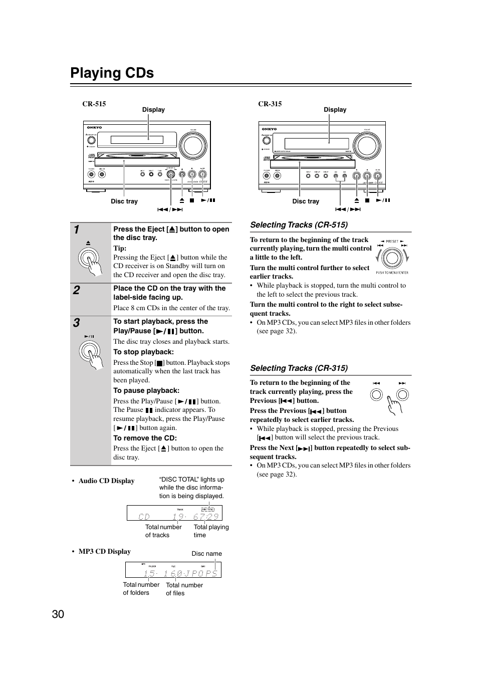 Playing cds, Y (30), Ol (cr-515) (30 | Utton (30), Utton (30, Cr-315) (30) | Onkyo CR-515 CR-315 User Manual | Page 30 / 60