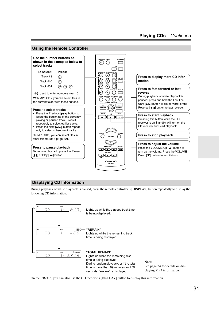 Using the remote controller, Displaying cd information, Utton (cr-315) (31 | Uttons (31, Uttons (31), Utton (31, Playing cds —continued | Onkyo CR-515 CR-315 User Manual | Page 31 / 60