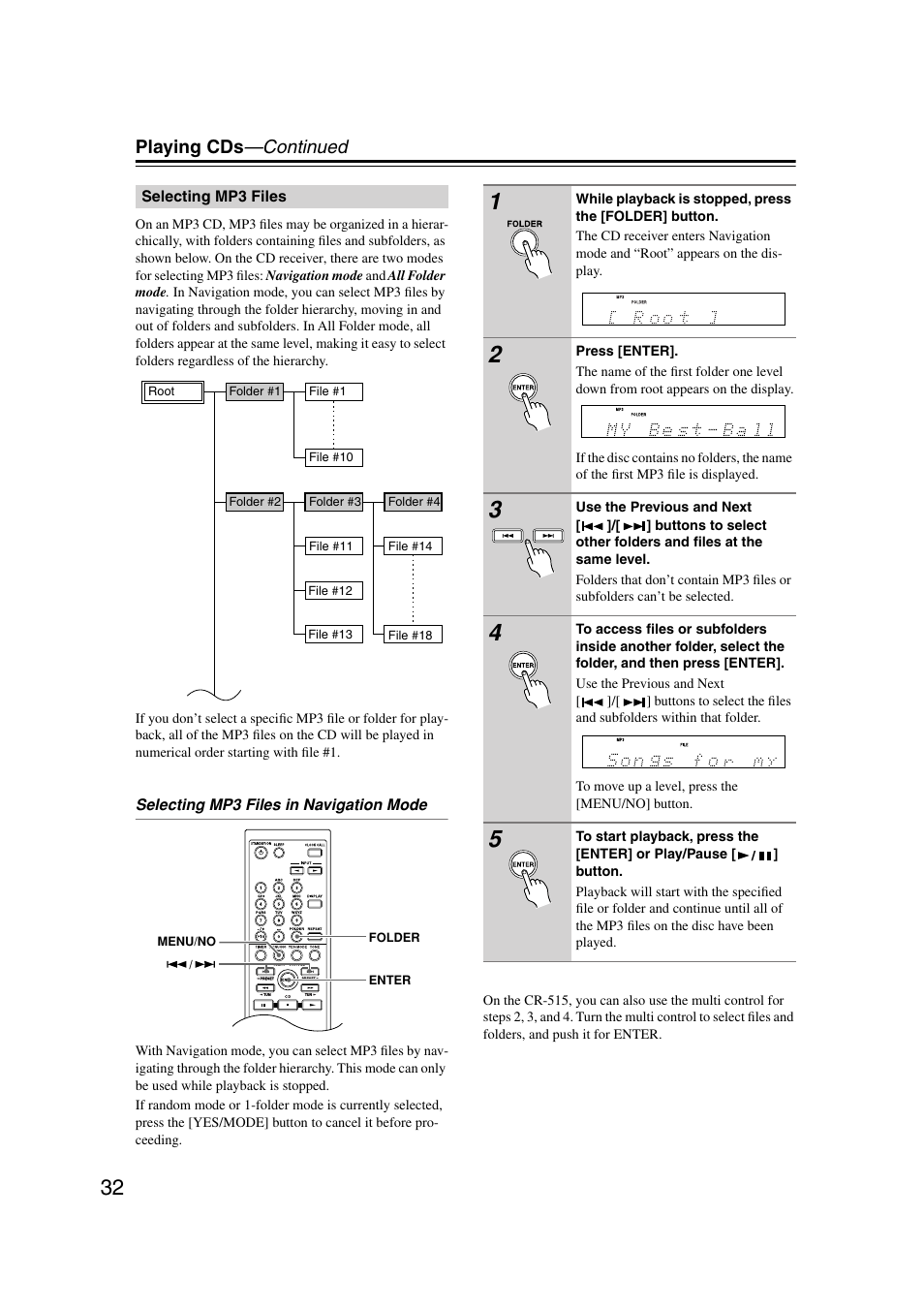 Selecting mp3 files, Selecting/playing mp3 files, Utton (32 | Playing cds —continued | Onkyo CR-515 CR-315 User Manual | Page 32 / 60