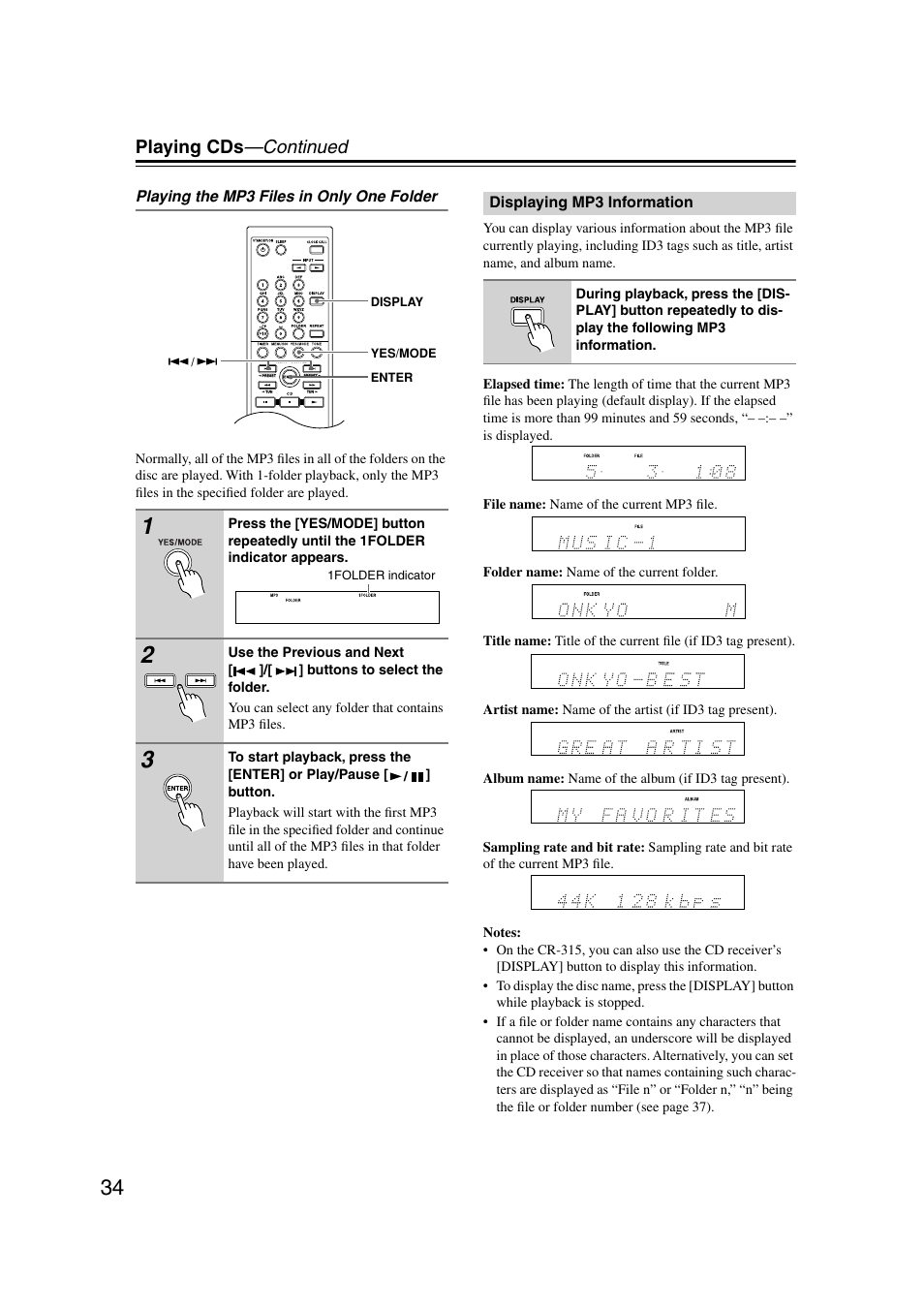 Displaying mp3 information, Playing cds —continued | Onkyo CR-515 CR-315 User Manual | Page 34 / 60