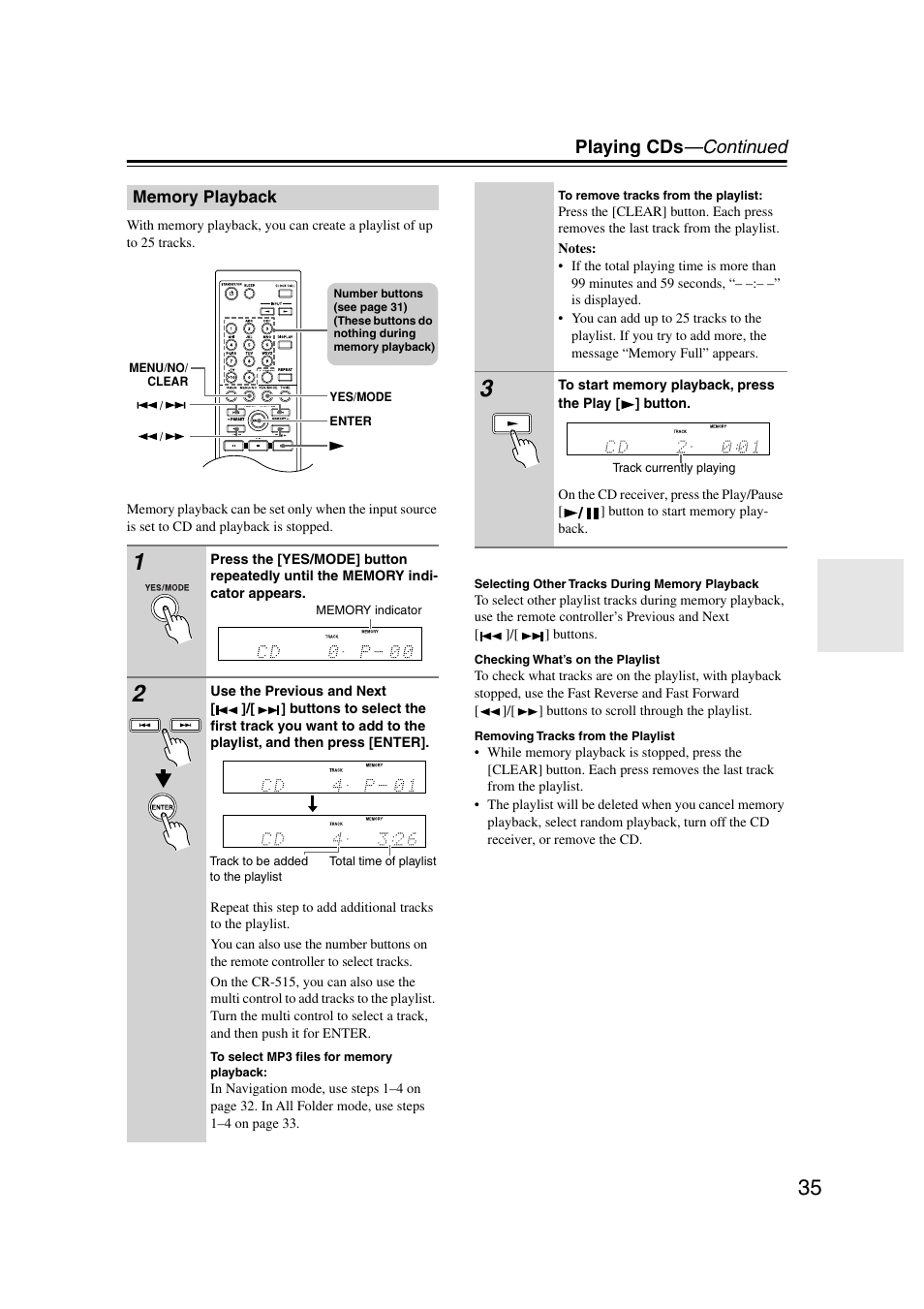 Memory playback, Playing cds —continued | Onkyo CR-515 CR-315 User Manual | Page 35 / 60