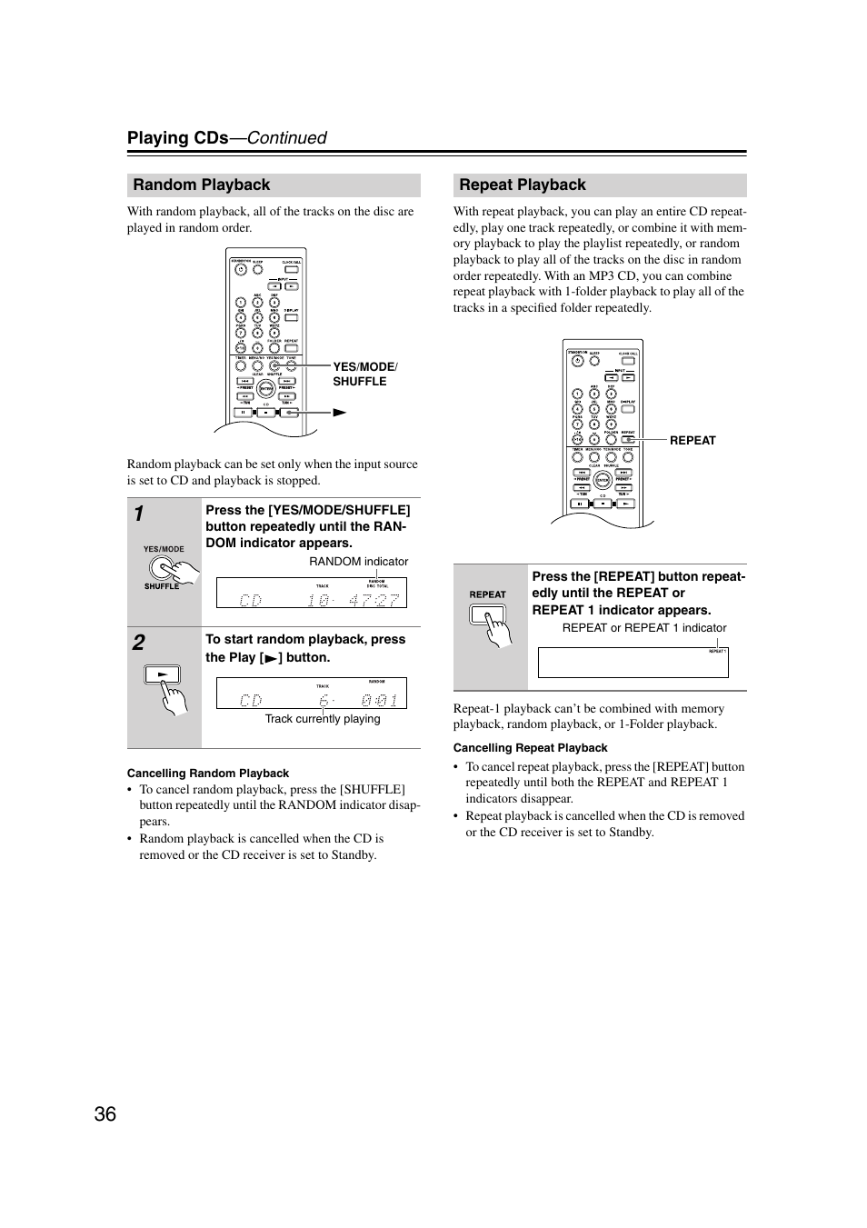 Random playback, Repeat playback, Random playback repeat playback | Utton (36), Utton (34–36, Playing cds —continued | Onkyo CR-515 CR-315 User Manual | Page 36 / 60