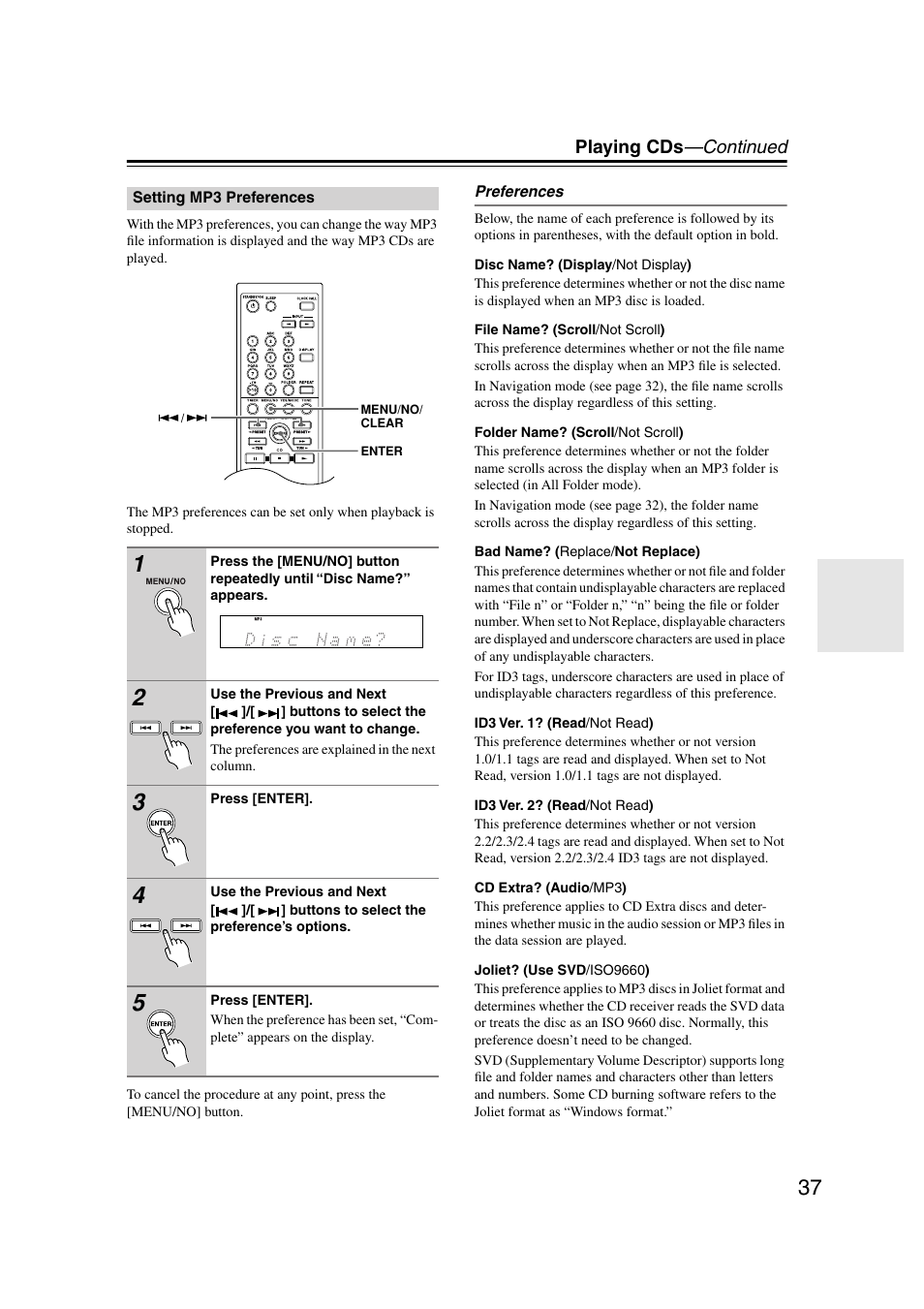 Setting mp3 preferences, Playing cds —continued | Onkyo CR-515 CR-315 User Manual | Page 37 / 60