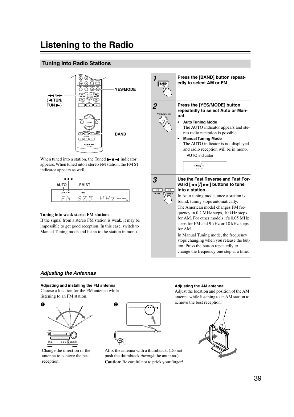 Listening to the radio, Tuning into radio stations, Utton (39 | Onkyo CR-515 CR-315 User Manual | Page 39 / 60