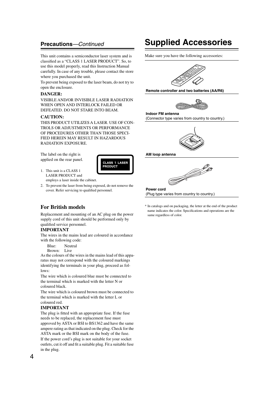 Supplied accessories, Precautions —continued, For british models | Onkyo CR-515 CR-315 User Manual | Page 4 / 60